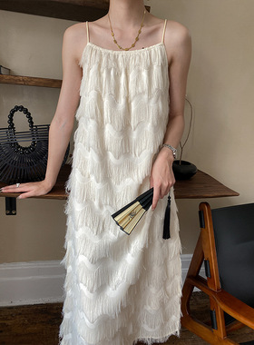 White camisole loose tassel French dress白色吊带松流苏法式裙