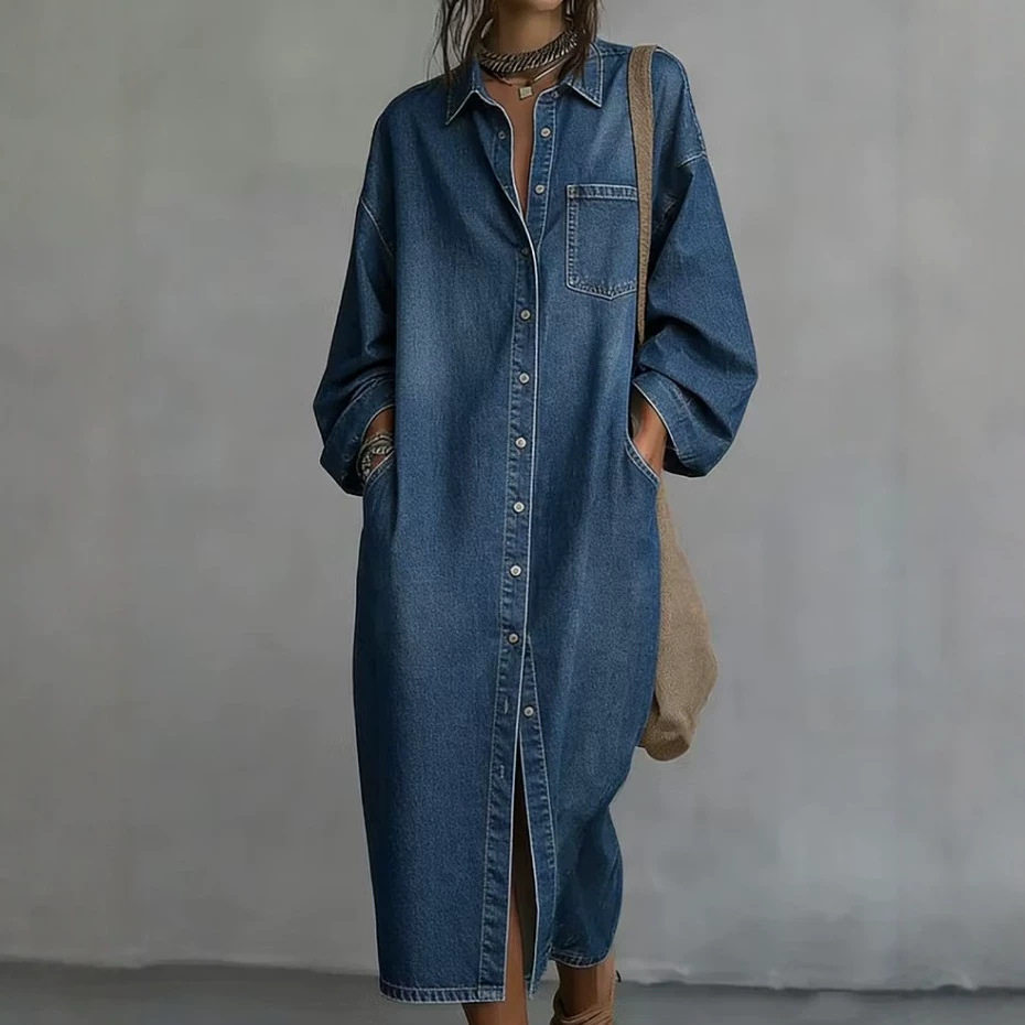 女士翻领连衣裙European and American retro collar denim dress