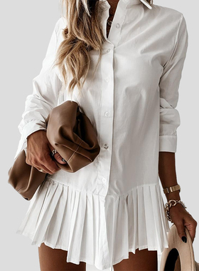 Down Collar Mini Dress Button Lady Line Office Vestidos压褶