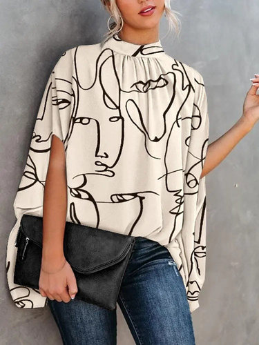 Casual Loose Printed Doll Sleeve Cape T-Shirt宽松斗篷 T 恤女