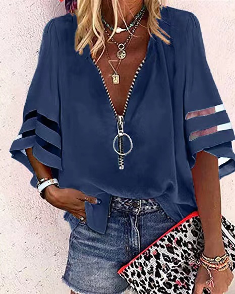 V-Neck Zipper Flare Sleeve Solid Shirt V领拉链喇叭袖纯色衬衫
