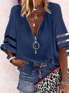 V-Neck Zipper Flare Sleeve Solid Shirt V领拉链喇叭袖纯色衬衫