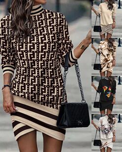 neck 连衣裙 Casual high dress 印花高领长袖 sleeved print long