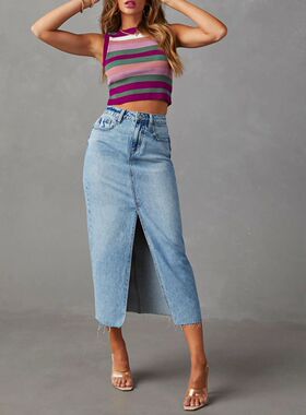 High waisted split denim skirt for women女高腰开叉牛仔半身裙