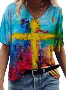 3D printed loose V-neck T-shirt forwomen女士3D印花宽松V领T恤