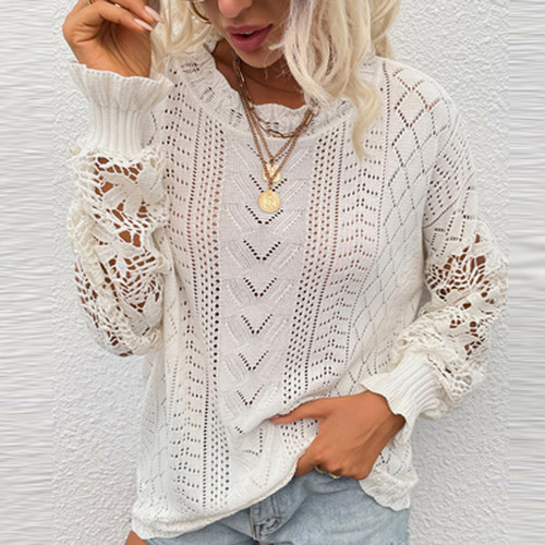 Sweater Spring Autumn Long Sleeve 蕾丝花边拼接针织衫