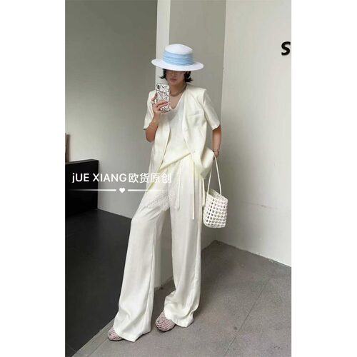 欧洲站2026春夏新款V领西装外套+蕾丝拼接背心阔腿裤套装四件套潮
