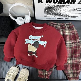 儿童红色拜年套装2025新款冬季小童洋气卫衣格子裤男童两件套新年