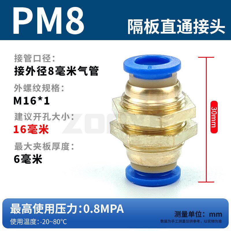 气动全铜串隔板直通接头q 气管快插快速接头PM4/6/8/10/12