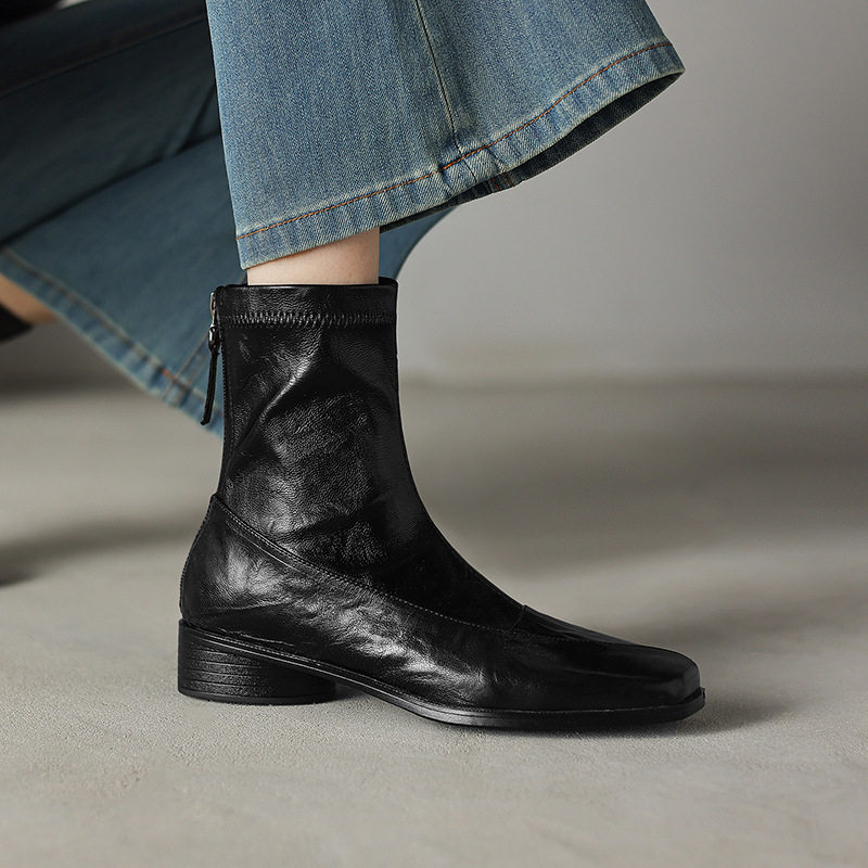 香港柔软小羊皮复古粗跟弹力瘦瘦靴女春秋季单靴通勤方头低跟短靴,女鞋,时装靴,淘宝优惠券,粉丝福利购,淘宝优惠卷