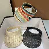 彩色草编重工水钻空顶帽女夏季 遮阳防晒帽防紫外线草帽百搭太阳帽
