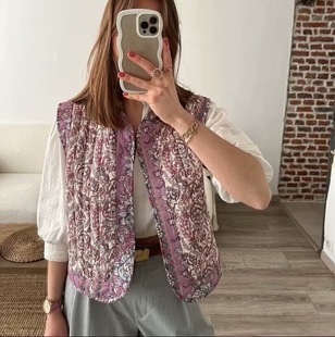 春季新款欧美宽松印花休闲背心柔软时尚气质绗缝马甲夹棉无袖上衣