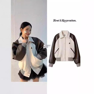 男女 棒球服外套宽松时尚 现货2024韩国小众品牌RR新款 休闲插肩皮袖