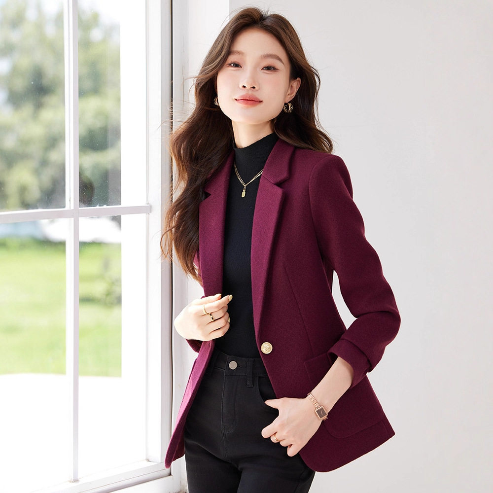 深紫色毛呢西装外套女冬秋2025新款高级感气质休闲小个子西服上衣