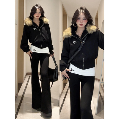 高级感复古黑色大毛领短外套女冬季新款拉链设计感小众修身上衣厚