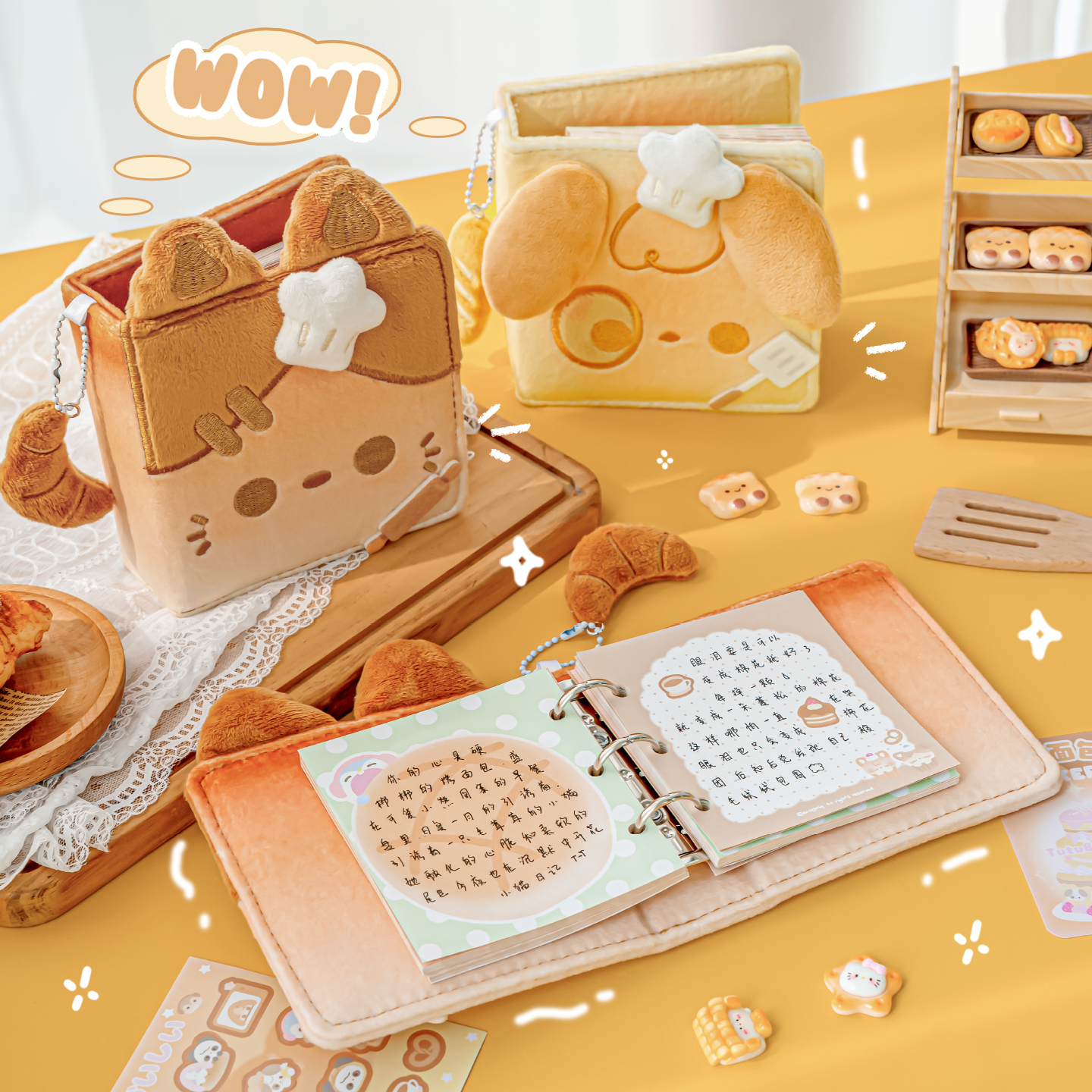 RosyPosy柔设烘焙系列毛绒三孔活页本女生可爱高颜值ins面包挂件可拆卸全彩内页笔记本学生做手账日程计划本