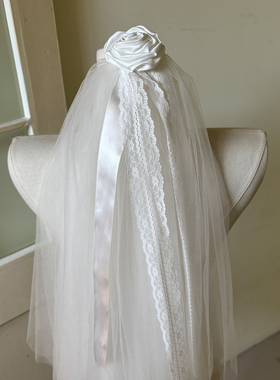 Mi唐手作白色玫瑰花新娘头纱主婚纱领证求婚登记复古少女小头纱