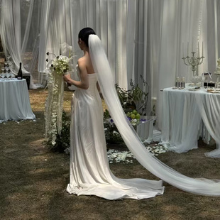 Mi唐手作米白色头纱新娘主婚纱领证求婚结婚头纱高级感大拖尾软纱