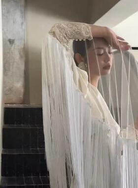 Mi唐手作超长流苏白色头纱小众新娘婚礼头纱拍照道具高级感新款