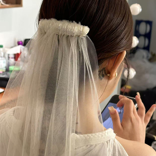 Mi唐手作贝壳头纱白色新娘高级感婚礼领证求婚头纱影楼拍摄用新款