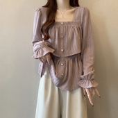 紫色喇叭长袖 方领小0201w 胖mm感打底上衣法式 衬衫 女秋2026大尺码