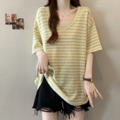 条纹U领短袖 胖mm宽松遮肚子上衣半0201w 大尺码 冰丝T恤女夏装 新款