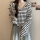 胖mm感短款 连帽V领条纹长袖 内搭衣T恤女秋2026大尺码 抽绳上0201w