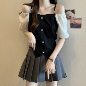大尺码 甜辣短款 绝美一字肩吊带上衣女春夏季 胖mm显瘦泡泡短0205w