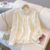 蕾丝白色长袖 娃娃领上衣0201w 胖mm感法式 打底衬衫 女秋大码