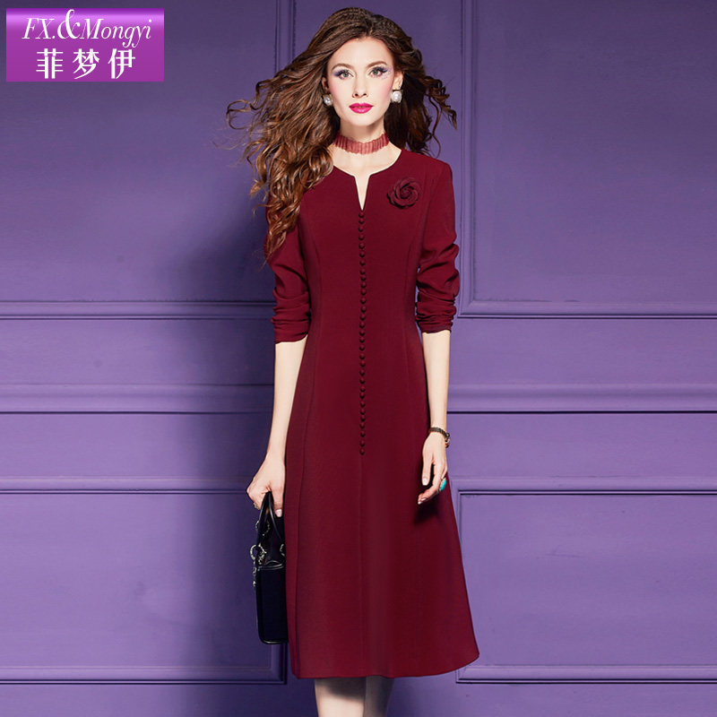 【直播专享】菲梦伊红色连衣裙女长袖秋季轻熟修身气质A字中长裙