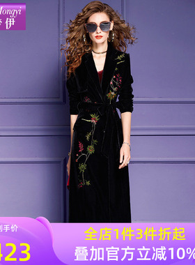 菲梦伊金丝绒绣花黑色套装女秋季复古中长款西装外套大衣阔腿裤子