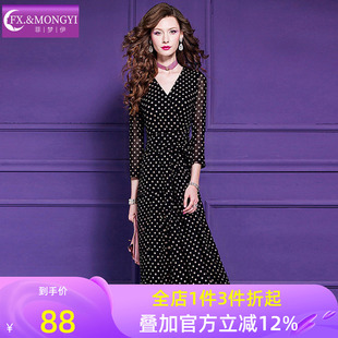 菲梦伊波点印花黑色连衣裙女秋季系带收腰轻熟优雅气质V领长裙子