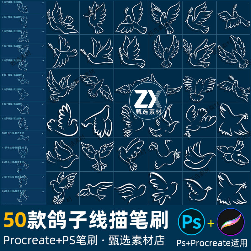procreate笔刷手绘鸽子线描小鸟辅助鸟类动物图案飞翔斑鸠ps笔刷