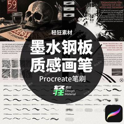 ipad手绘画墨水钢笔墨迹纸张纹理噪点效果Procreate插画笔刷素材