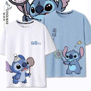 史迪仔星际宝贝羽毛球运动联名史迪奇纯棉短袖t恤夏宽松半袖体恤