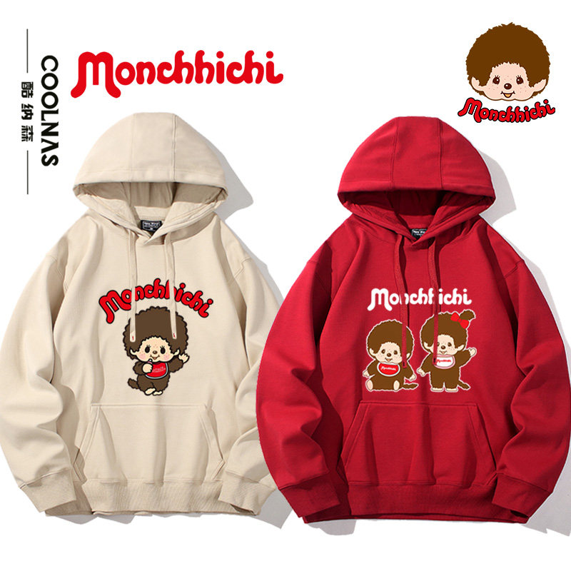蒙奇奇Monchhichi周边同款卡通图案男女春秋连帽卫衣加绒上衣服潮