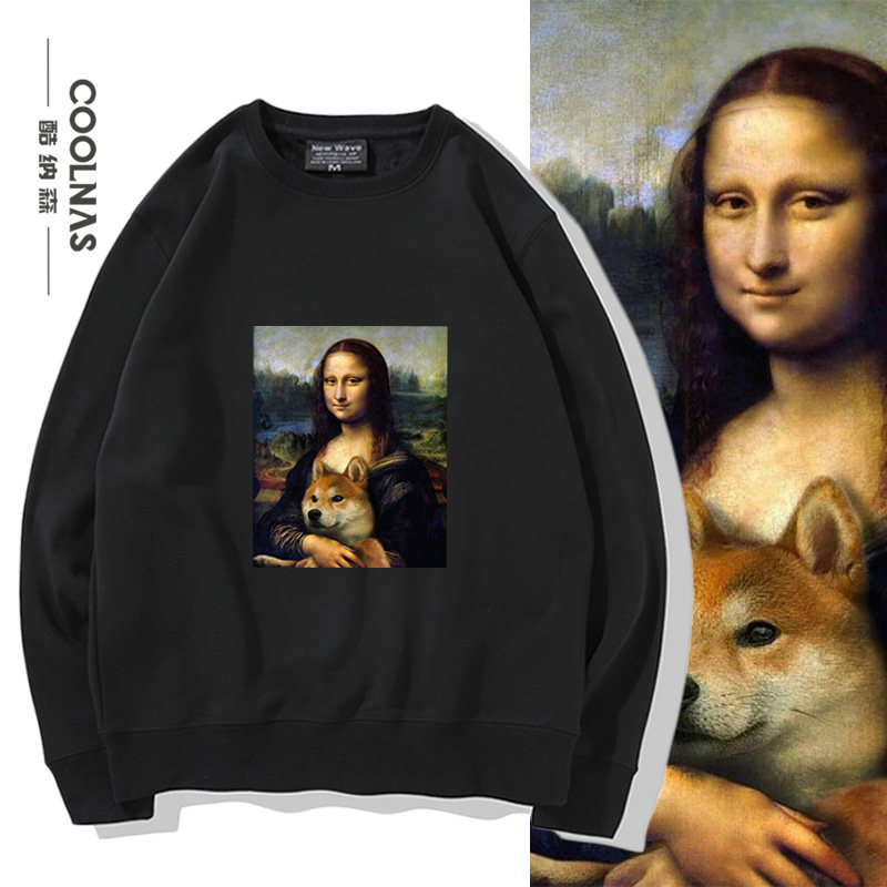 柴犬萌宠联名世界名画蒙娜丽莎趣味印花圆领卫衣男女宽松潮流衣服