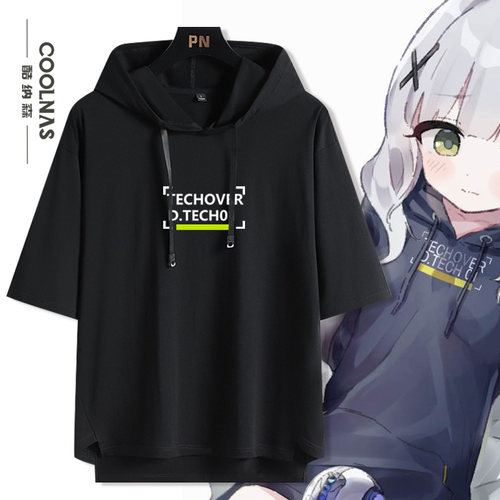 联名小钩晴同款连帽短袖t恤男女夏季二次元宽松五分袖衣服潮牌