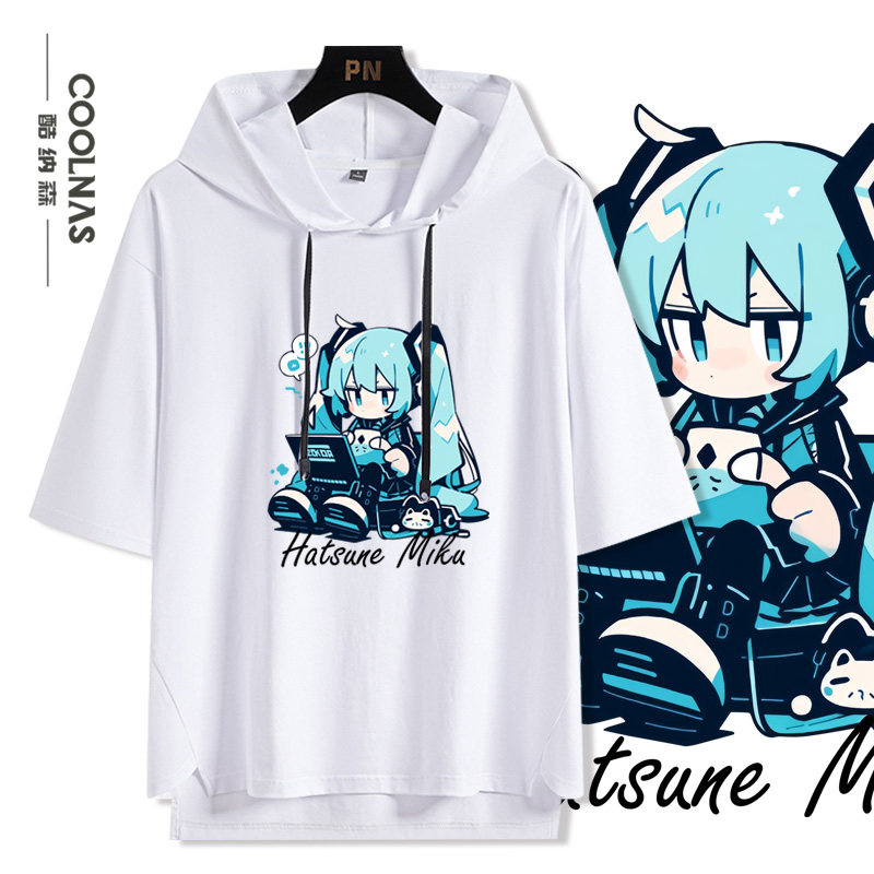 初音动漫机能少女miku二次元周边男女连帽短袖T恤夏季宽松五分袖