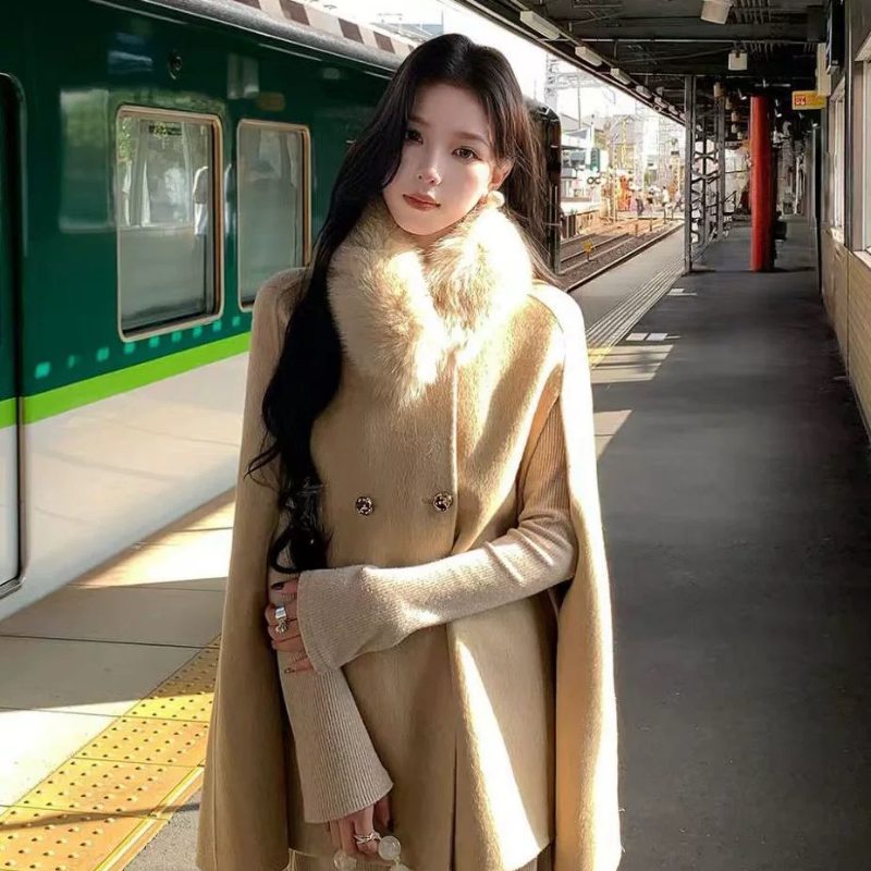 【财阀千金】羊毛双面呢斗篷毛呢外套女2025秋冬韩版短款呢子大衣