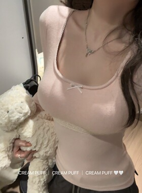 【带胸垫蝴蝶结长袖t恤女】 纯欲蕾丝花边修身掐腰显瘦打底上衣女