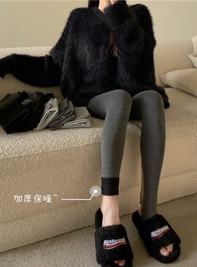 加绒加厚灰色打底裤女秋冬外穿2025新款连脚裤袜修身秋冬踩脚裤子