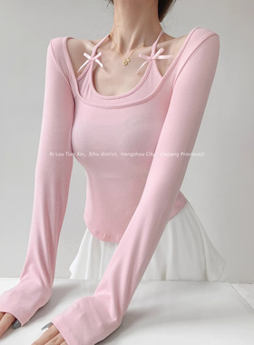 甜欲人间系带挂脖假两件长袖T恤女秋纯欲蝴蝶结弧边下摆短款上衣