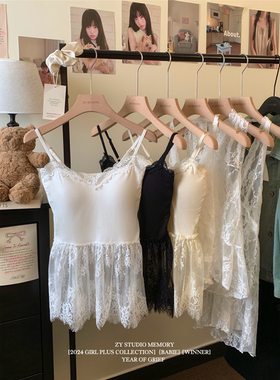 纯欲风性感蕾丝吊带连衣裙女秋季2025新款无袖叠蝴蝶结带胸垫短裙