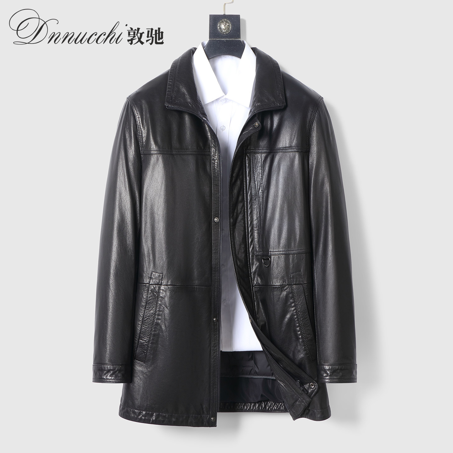 真皮皮衣男中长款羽绒服牛皮外套