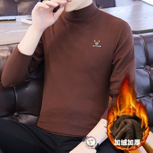 体恤纯棉秋冬加绒加厚保暖上衣秋衣内搭打底衫 半高领长袖 t恤男士