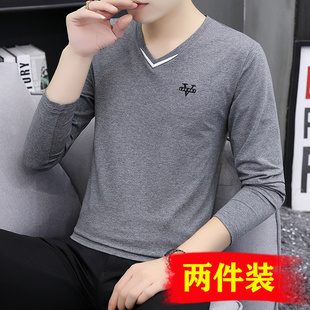 t恤男装 长袖 纯棉秋装 上衣潮流秋衣2025新款 男士 V领体恤小衫 打底衫