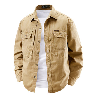 吉克金迪男装春秋新款隐藏双侧口袋纯棉衬衫长袖时尚宽松外套2132