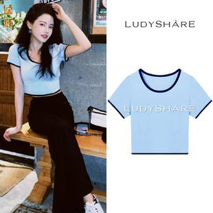 明星孙珍妮同款辣妹露脐正肩短袖t恤港风chic设计感小众女夏上衣