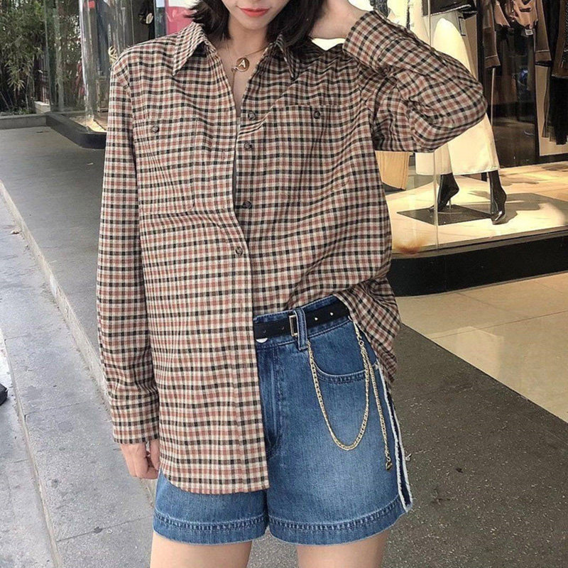 新颖阿玛施正旗舰店官网2020秋新款衬衫女装正品百搭格子长袖上衣